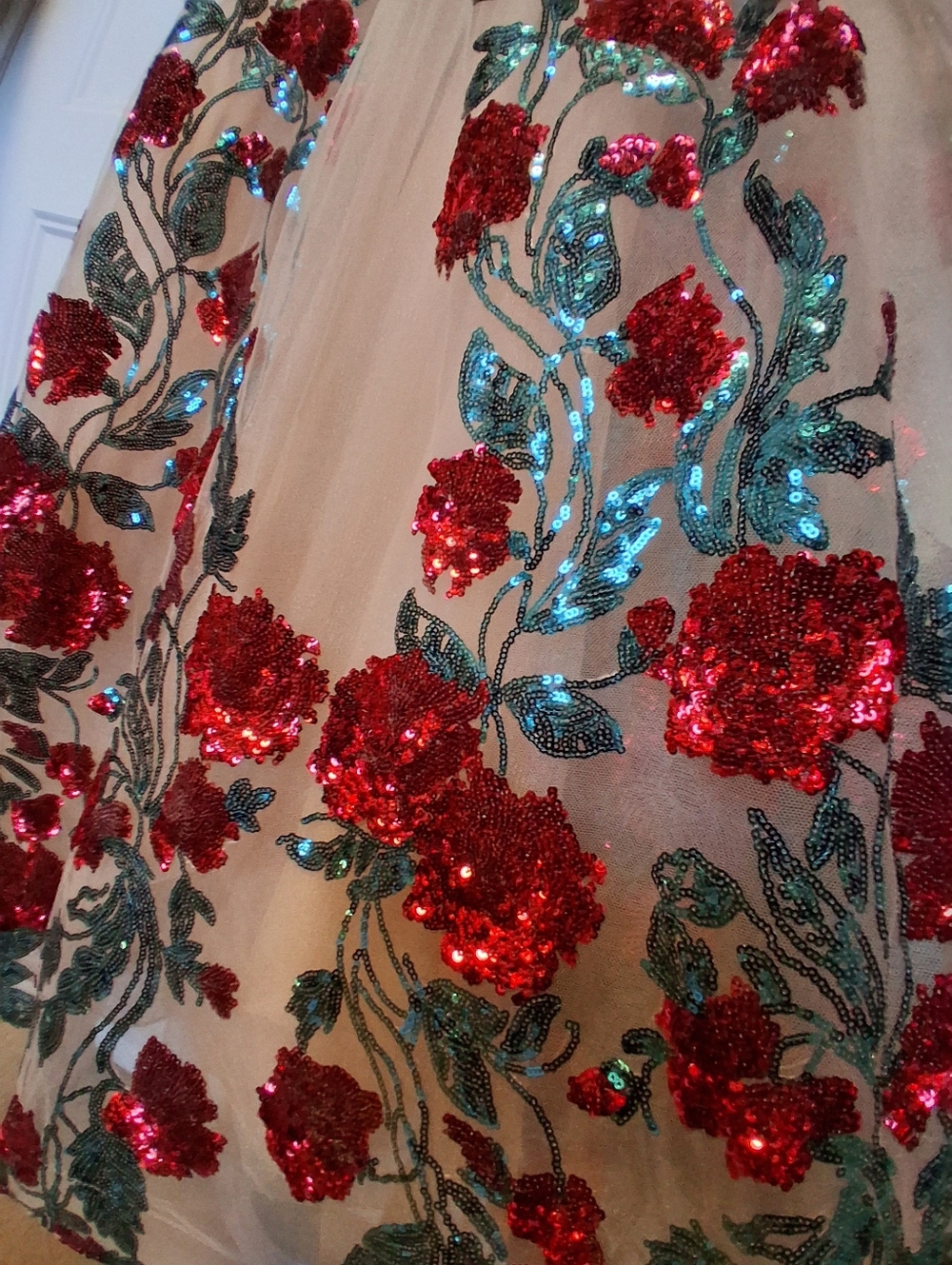 Bronx and Banco Nude Maxi Gown with Red and Green Sequin Florals - Picture 5 of 7